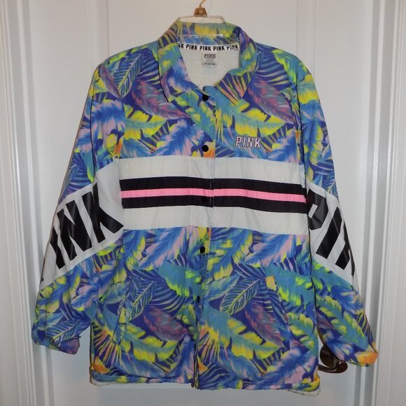 PINK Victoria's Secret Oversized Tropical Coach Jacket Sherpa Lined Medium EXCEL - Picture 2 of 9